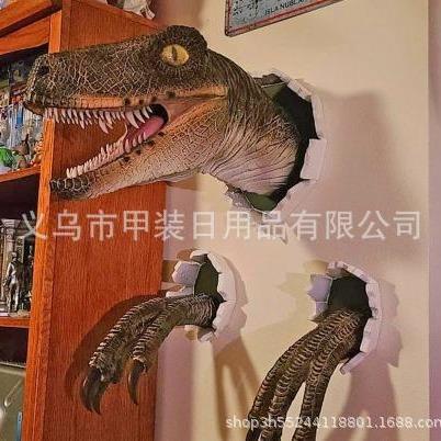 现货跨境新品恐龙摆件破壁迅猛龙套装树脂摆件墙壁气氛装饰道具