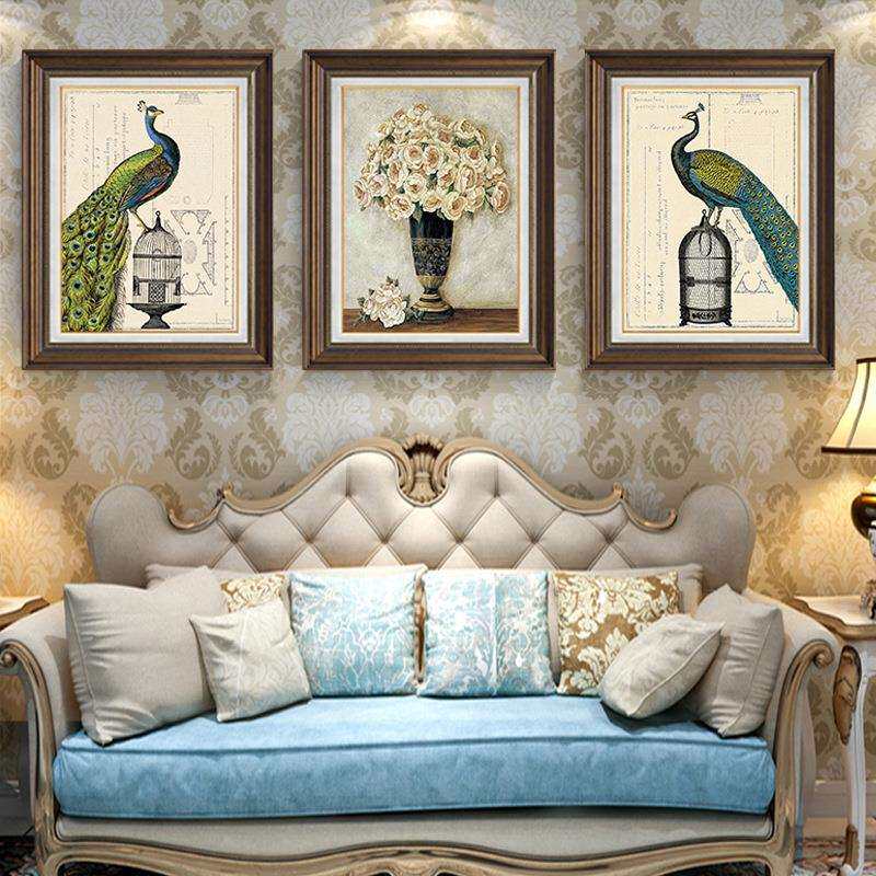 欧式客厅沙发背景装饰画挂画孔雀壁画三联画简欧油画美式轻奢墙画