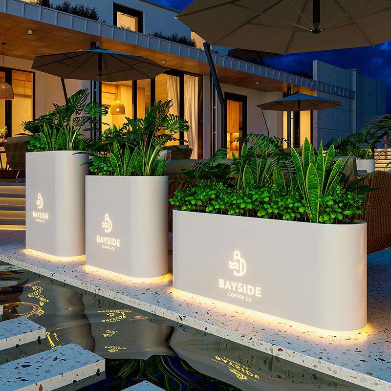 户外不锈钢花箱铁艺坐凳餐饮镀锌板露台可移动室内造景发光花槽