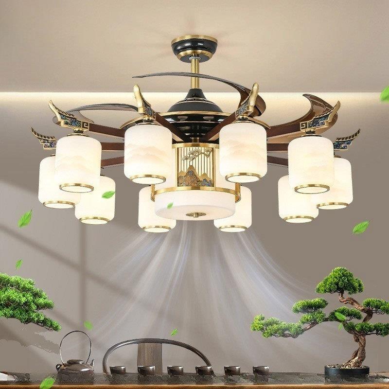 全铜新中式风扇吊灯客厅灯简约大气餐厅卧室书房胡桃木轻奢吊扇灯