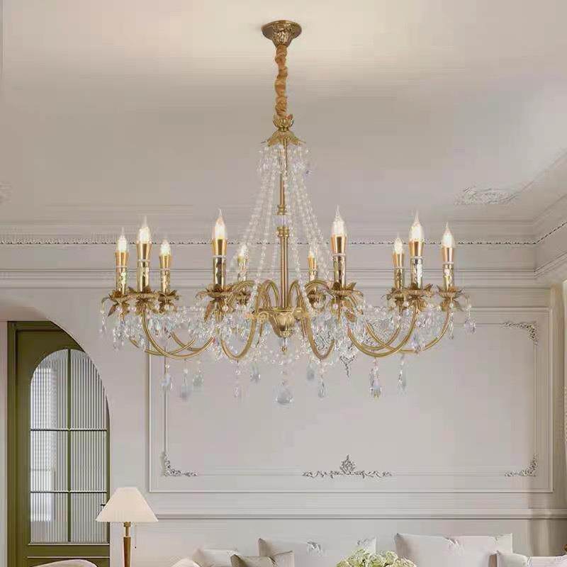 欧式别墅卧室客厅灯法式乡村复古蜡烛灯轻奢珍珠美式水晶枝形吊灯