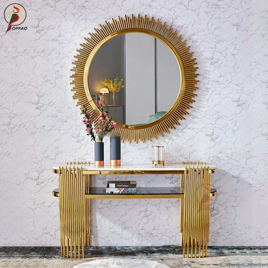 现代简约玄关桌意式轻奢不锈钢入户玄关台酒店大理石岩板玄关镜子