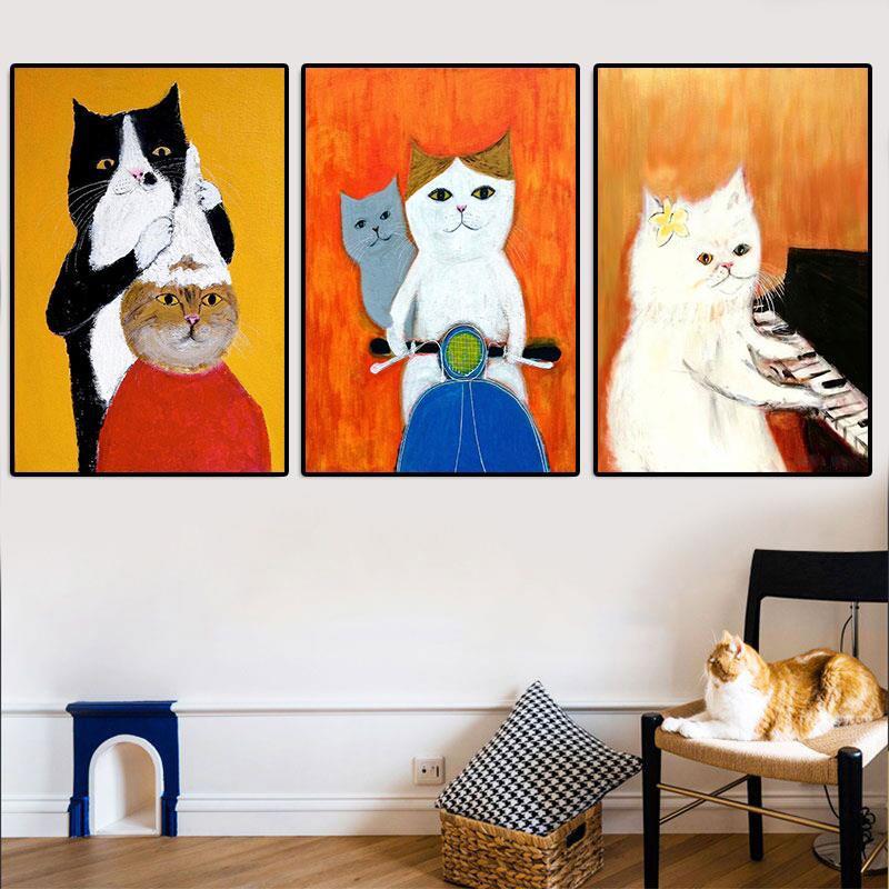 猫咪挂画客厅餐厅卧室卡通猫可爱装饰画音乐室个性创意油画壁画