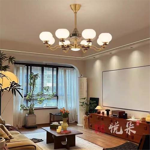 客厅风扇灯中古风餐厅卧室灯复古隐形吊扇一体电扇灯智能中山灯具