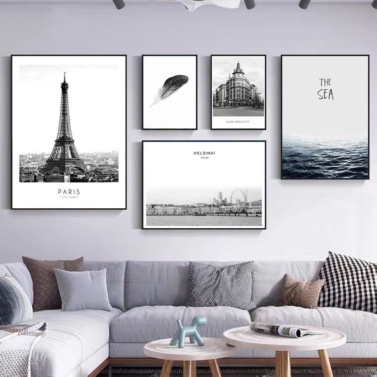 黑白复古埃菲尔铁塔装饰画客厅沙发背景墙挂画组合墙挂画风景壁画