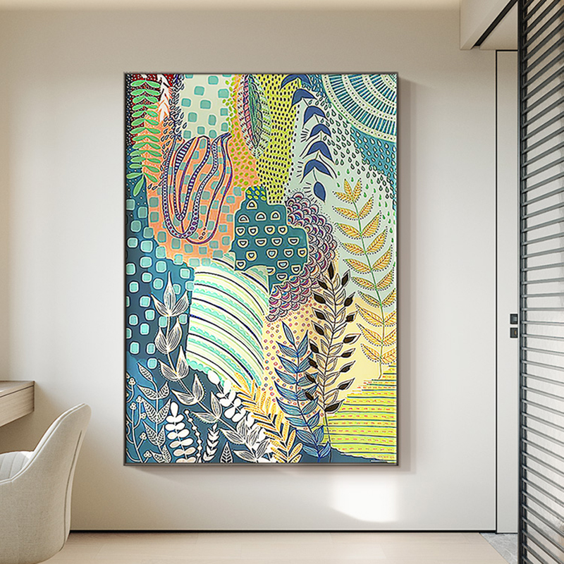 多巴胺小众艺术热带雨林装饰画抽象彩色涂鸦叶子植物玄关客厅挂画图片