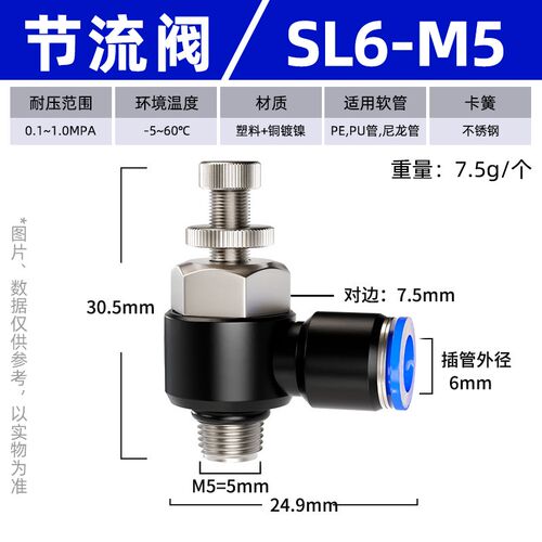 气动微型迷你节流阀气压气管接头调速阀SL6/8-M3/M5/M6气缸可调节