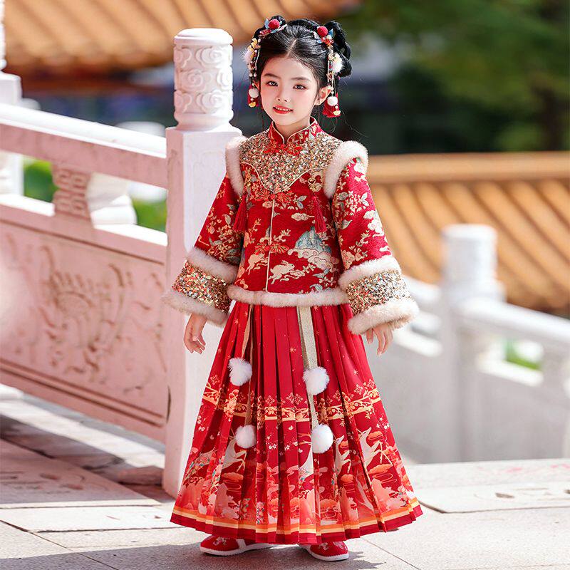 女童汉服拜服年儿童新款中国风新年唐装夹棉加厚马面套装过年冬季