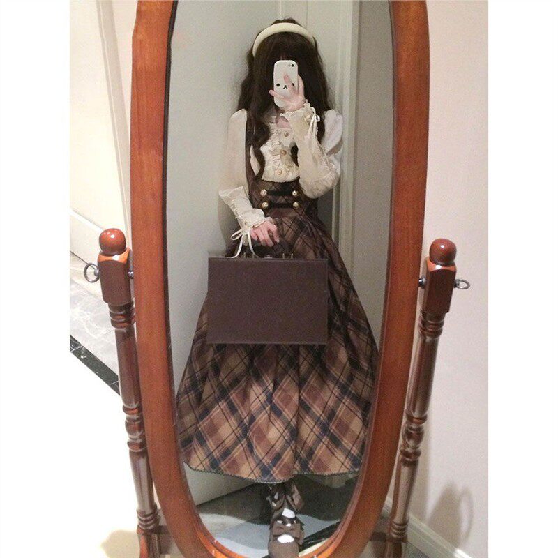 榛果可可 秋冬洛丽塔两件套棕色格纹收腰背带裙+花边束袖衬衫套装