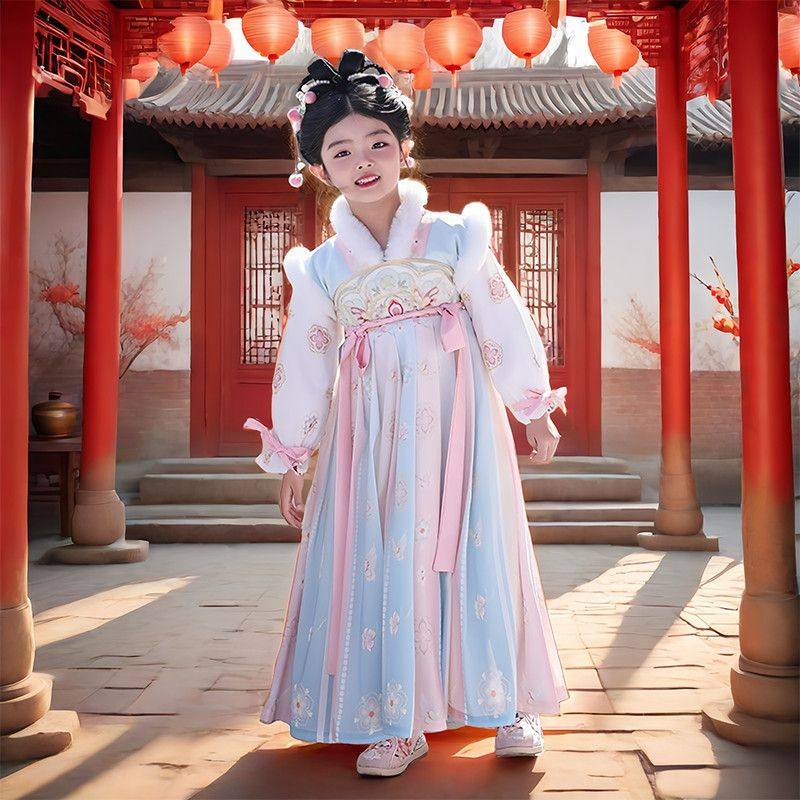 汉服女童冬款2025新款儿童高端超仙古风加绒连衣裙小女孩古装襦裙