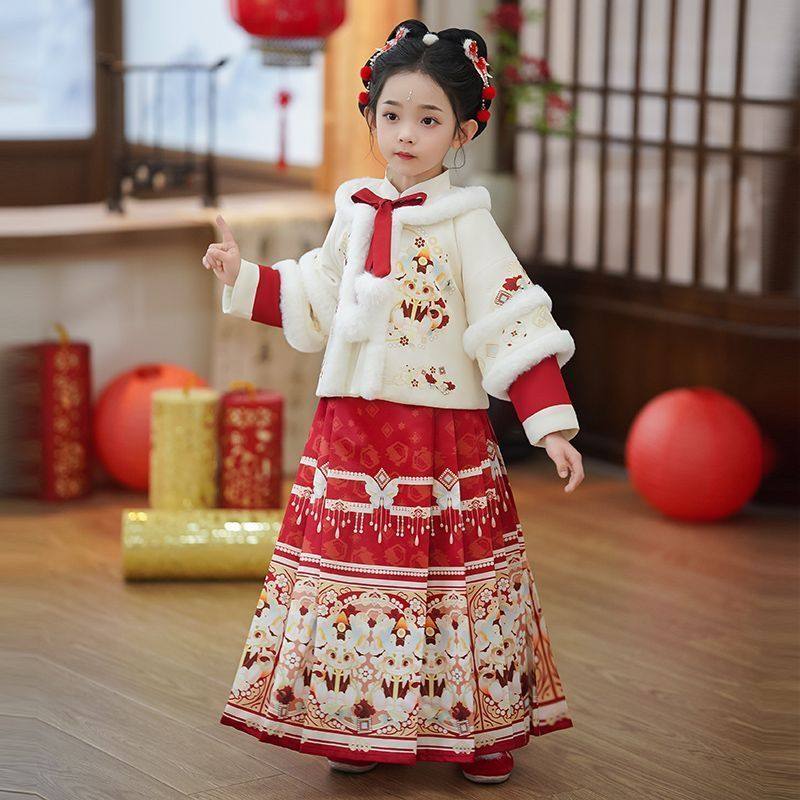 新年过年衣服拜年服女童汉服冬季中国风唐装女孩儿童马面裙套装