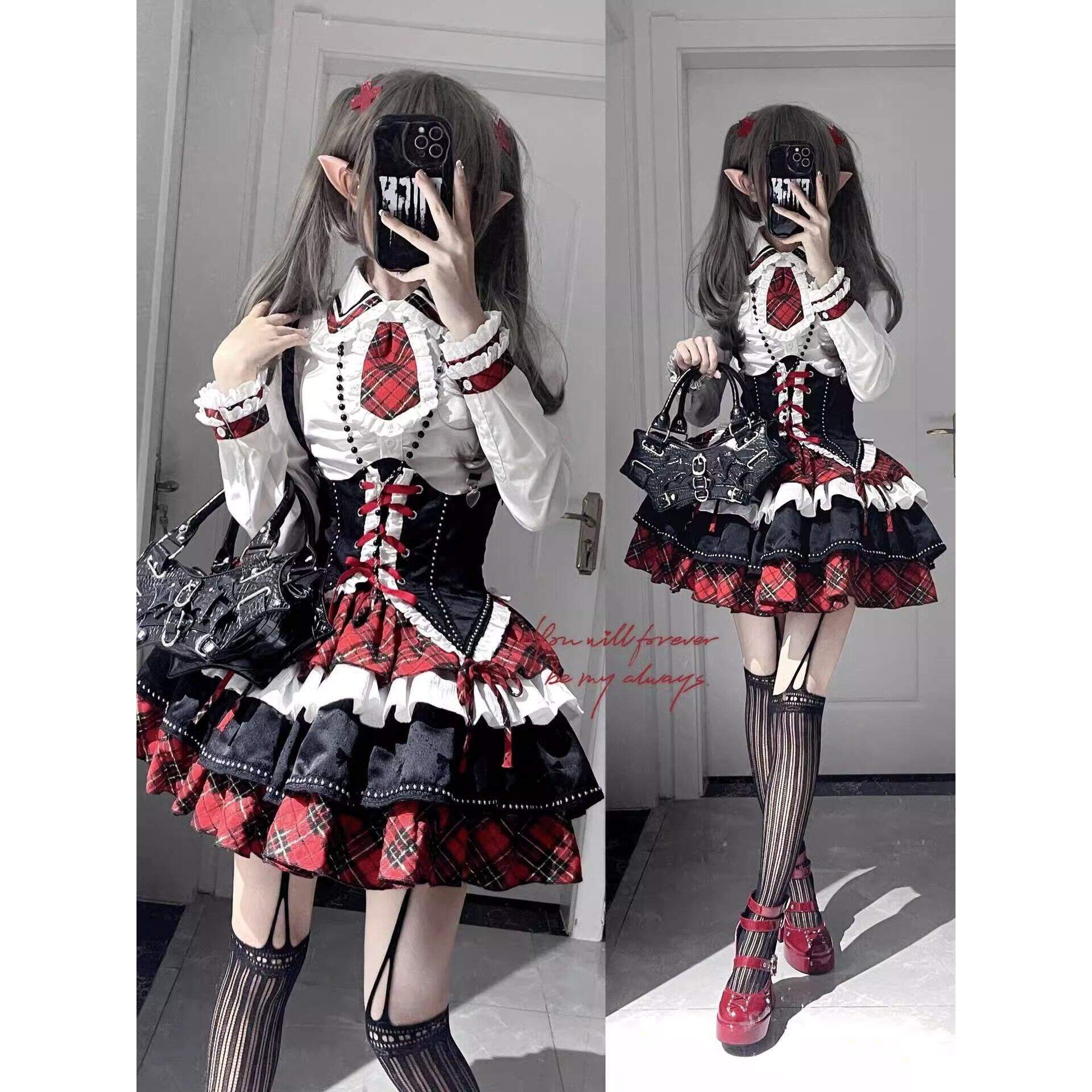 美式辣妹亚比风lolita裙撞色背带束腰衬衣蓬蓬裙洛丽塔公主裙日常