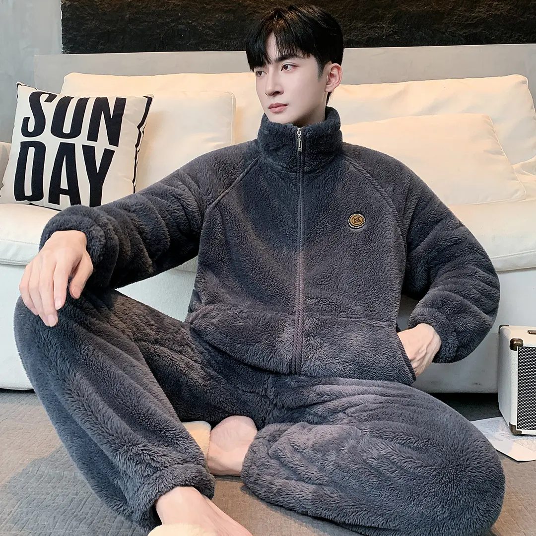 凯爵邦3睡衣男秋冬款法兰绒加厚加绒保暖珊瑚绒立领家居服套装