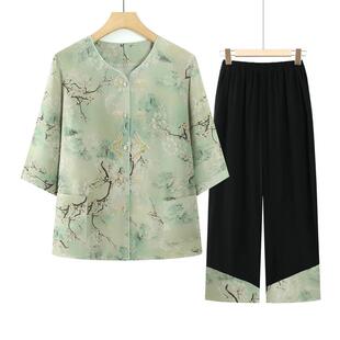 歌浅薇中老年女装奶奶装夏季套装中老年人女装夏装妈妈薄款冰丝