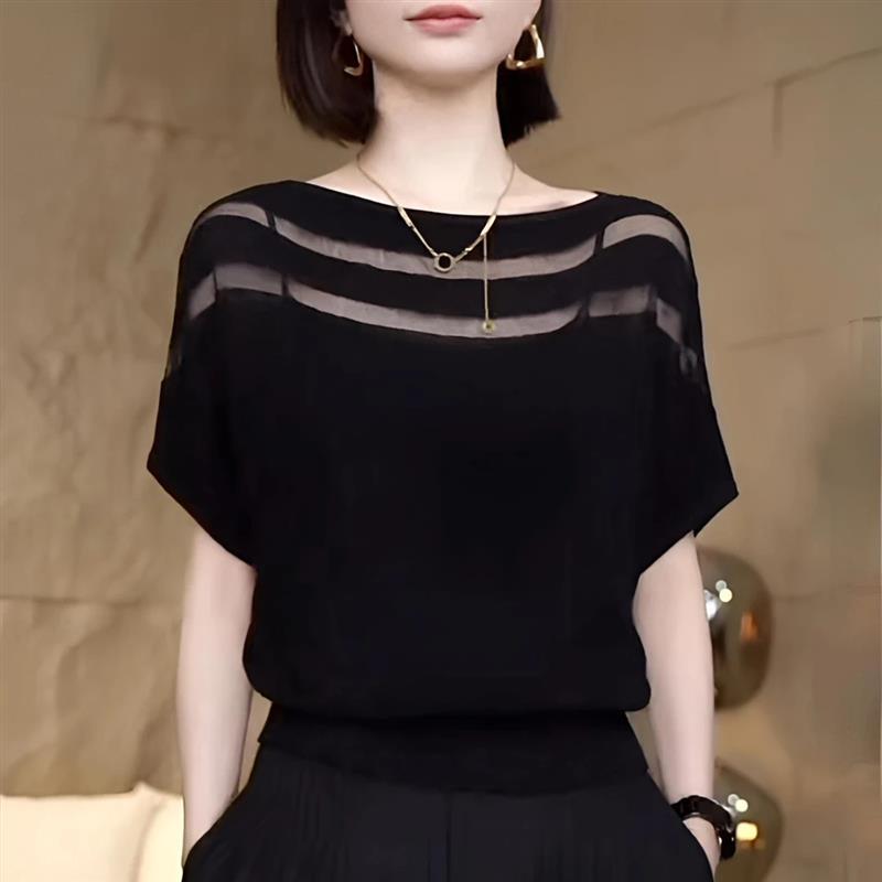 唯衣女装服饰夏轻薄款蝙蝠衫镂空冰丝针织衫女短袖高级感宽松显瘦
