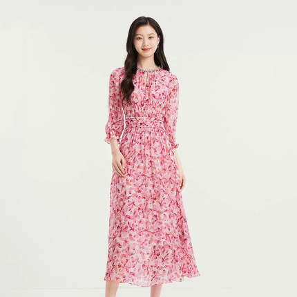珂莱商场同款2026年秋季新款女装优雅浪漫收腰镶钻蝴蝶印花连衣裙