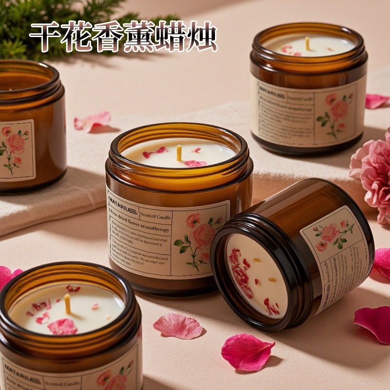 复古干花香薰蜡烛玫瑰花瓣家用卧室植物精油持久留香浪漫情调礼物
