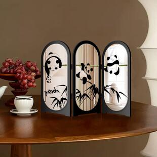 熊猫桌面小屏风装饰摆件玄关柜电视柜复古小摆画客厅高级感镜子画