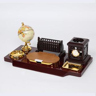 源头工厂实木桌面文台带地球仪钟表高档送礼摆台实用文台桌面摆件