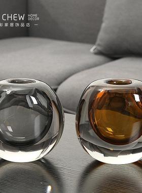 现代轻奢黄色水晶玻璃小花瓶摆件客厅餐桌圆型插花器家居软装饰品