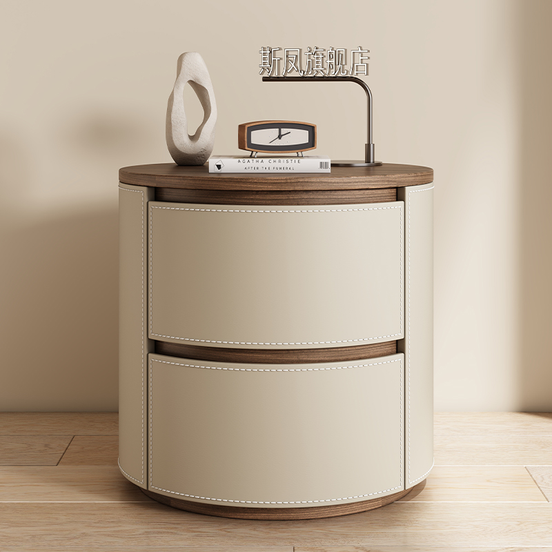 2024新款圆形床头柜家用卧室现代简约轻奢M高级感可爱小茶几实木