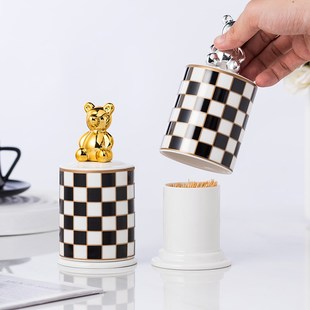 快速发货棋盘格陶瓷牙签筒创意牙签盒收纳轻O奢棉签筒棉签罐牙线