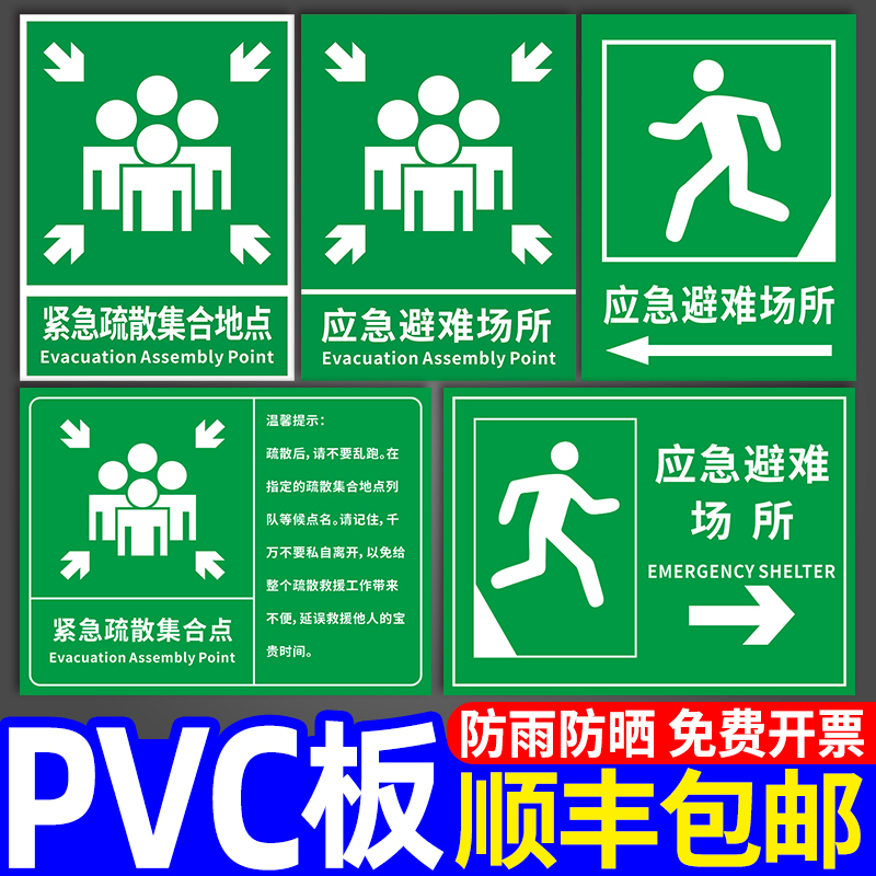 速发应急避牌难所间指示牌紧急疏散集合点标识避险安全逃生标志提