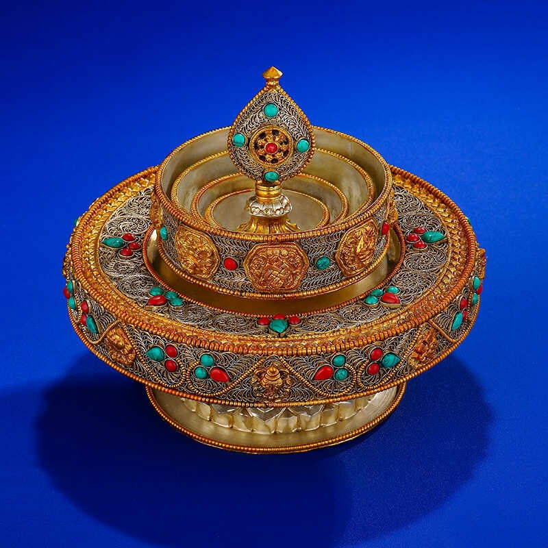 速发尼泊尔手工曼扎盘全套铜曼金银掐修曼扎曼茶盘鎏茶罗丝盘10.5