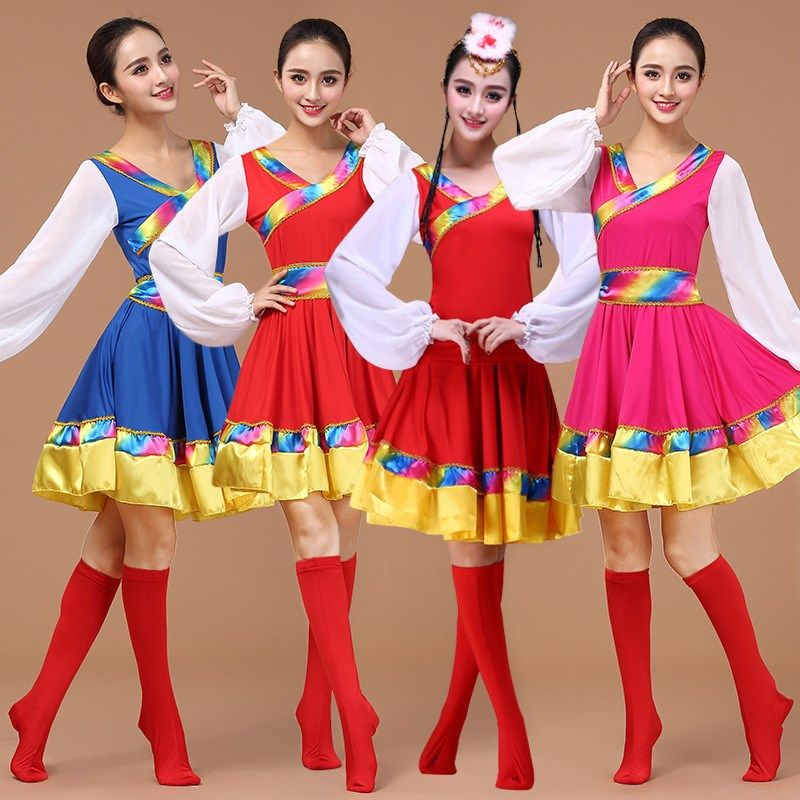 现货速发藏族舞蹈服套装成人新款演出服民族风蒙古族表演连衣裙广