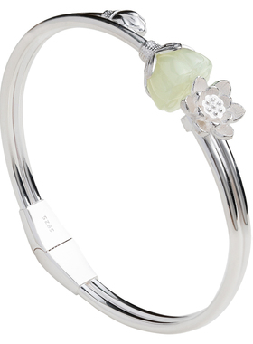 现货速发新品步离镯s手镯莲花和田玉银镯子开口饰品