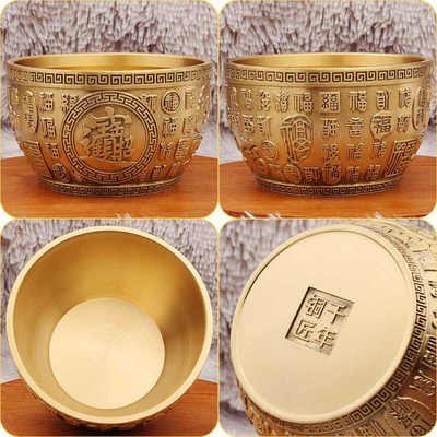 现货速发百福铜缸黄铜米缸聚宝盆摆件客厅聚财小铜盆存钱罐家居装