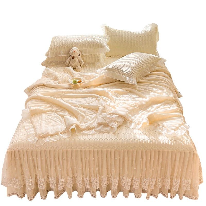 夏天凉感丝乳胶凉席四件套夏被公主风床裙款蕾丝花边软席子三件套