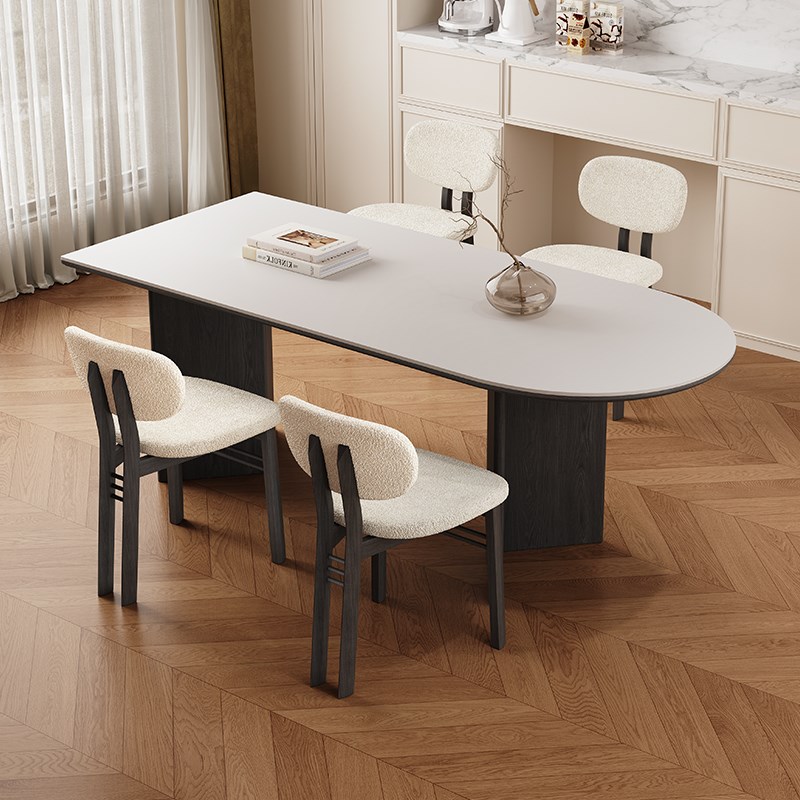 半圆实木餐桌岛j台靠墙家用小户型简约法式复古黑色实木岩板餐桌