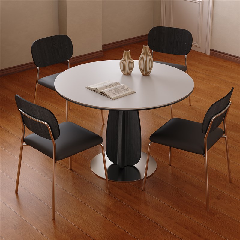 实木餐桌圆形家用小户型意式轻奢C洽谈桌法式复古全托纯白岩板餐