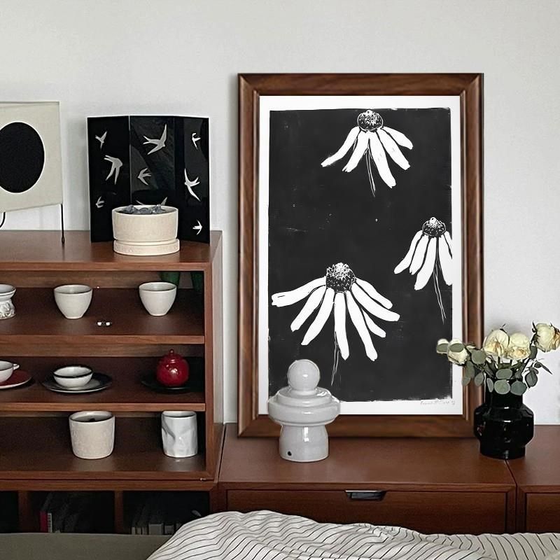 中古风黑白雏菊复古文艺挂画客厅高级感餐厅背景墙挂画玄关柜摆画,家居饰品,现代装饰画,淘宝优惠券,粉丝福利购,淘宝优惠卷