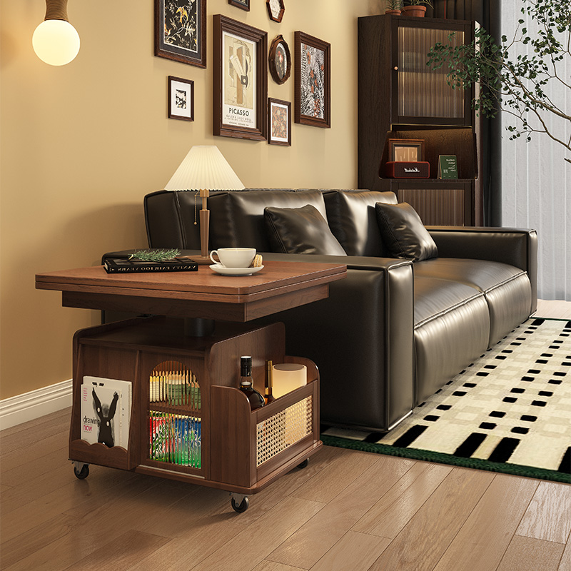 黑胡桃木全原木茶几客p厅家用可移动升降小户型可收纳实木折叠边