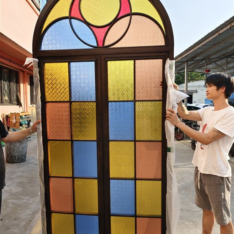 仿古满洲窗搭配彩色压花工艺玻璃实木框架海棠花钢化玻璃屏风隔断,基础建材,艺术玻璃,淘宝优惠券,粉丝福利购,淘宝优惠卷