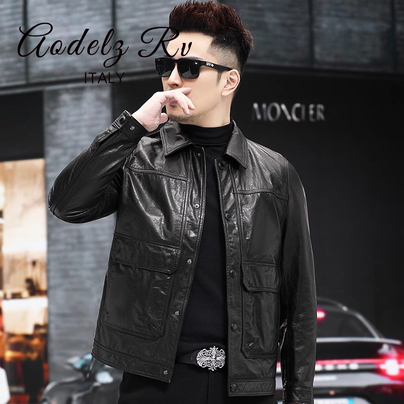 Aodelz RV/皮衣男真皮翻领头层牛皮夹克外套可拆卸内胆羽绒服毛领