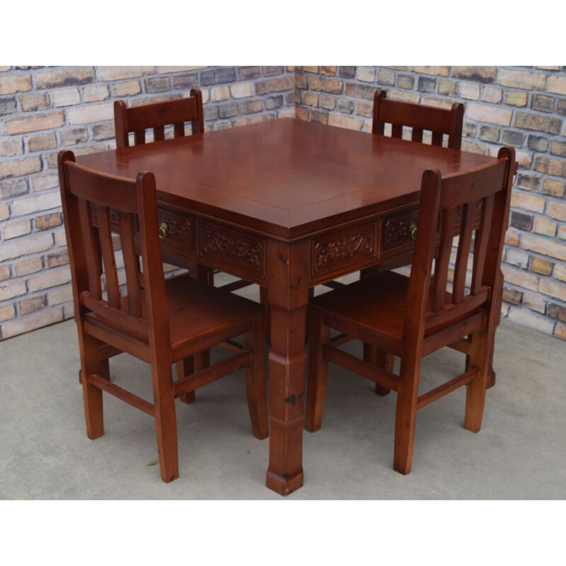 实木餐桌饭桌子红胡桃色雕花八仙桌带抽屉四方桌柏木桌供桌麻将桌