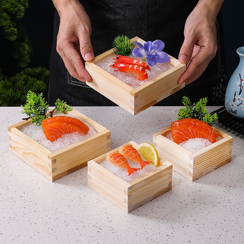 日料寿司小木盒板前三文鱼木盒刺身摆盘装饰盘式摆件日式菜品点
