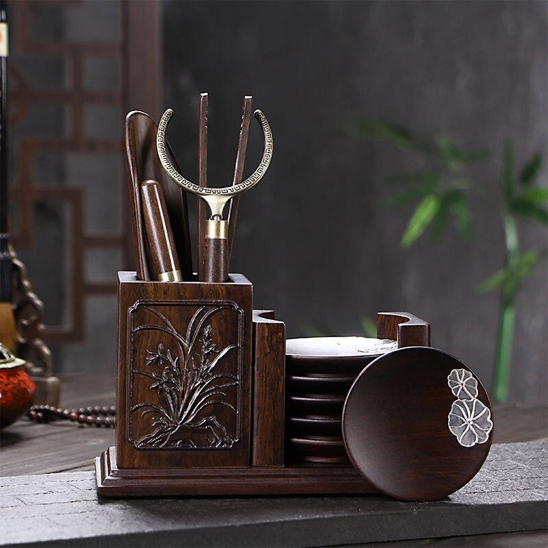 黑檀六君子套装黑檀花梨实木家用茶夹杯托茶盘配件茶勺杯叉档,餐饮具,茶道/零配,淘宝优惠券,粉丝福利购,淘宝优惠卷