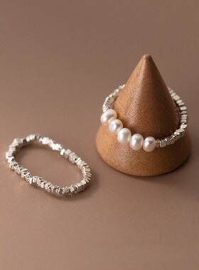 S925纯银天然淡水珍珠简约时尚戒指碎银几两碎银子手工弹力绳