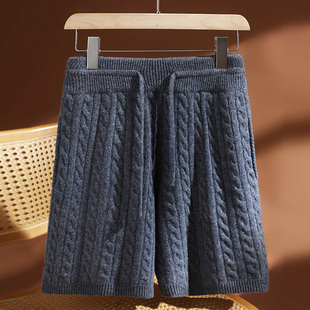 秋冬100纯羊毛甜辣风松紧腰阔腿针织休闲短裤 女士百搭高腰五分裤
