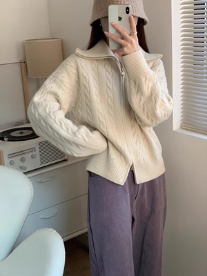 100纯羊毛衫拉链针织开衫女小个子polo领麻花毛衣秋冬季加厚外套