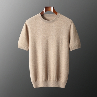 春秋季100纯羊毛针织短袖T恤男圆领内搭休闲打底衫青年半袖毛衣