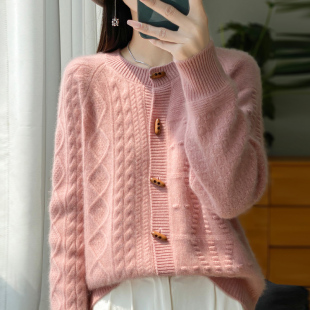 100纯羊毛衫女圆领开衫加厚提花秋冬新款大红色洋气宽松毛衣外套