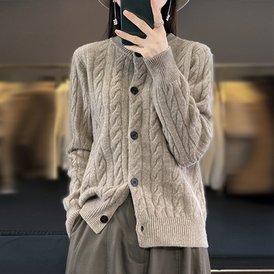 秋冬新款麻花100纯羊毛开衫女圆领加厚毛衣外套针织宽松羊绒上衣