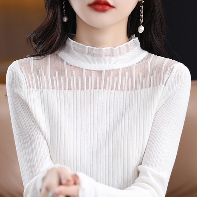 早春洋气蕾丝花边长袖内搭女士半高领薄款亲肤精纺羊毛针织打底衫