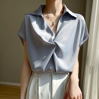 法式醋酸缎面垂感衬衫女夏季薄款设计感小众通勤职业气质POLO衬衫