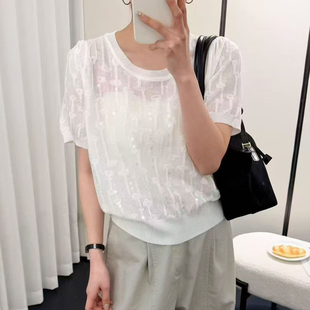 春夏新款白色镂空针织衫女士短袖圆领宽松显瘦薄款透气罩衫上衣